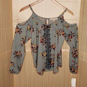 Rewind Womens New Blue Floral Cold Shoulder Embroidered Blouse Medium